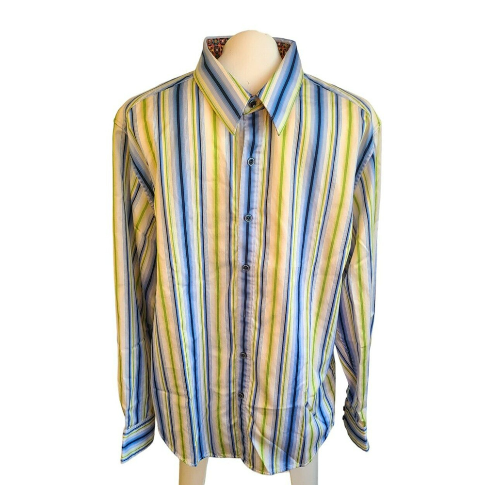 Robert Graham Mens XL Classic Fit Striped LS Button Down Shirt Blue Green